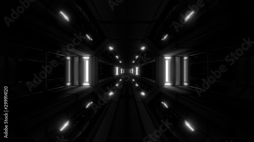 dark clean futuristic scifi space hangar tunnel corridor with cool reflecting lights 3d illustration background wallpaper design