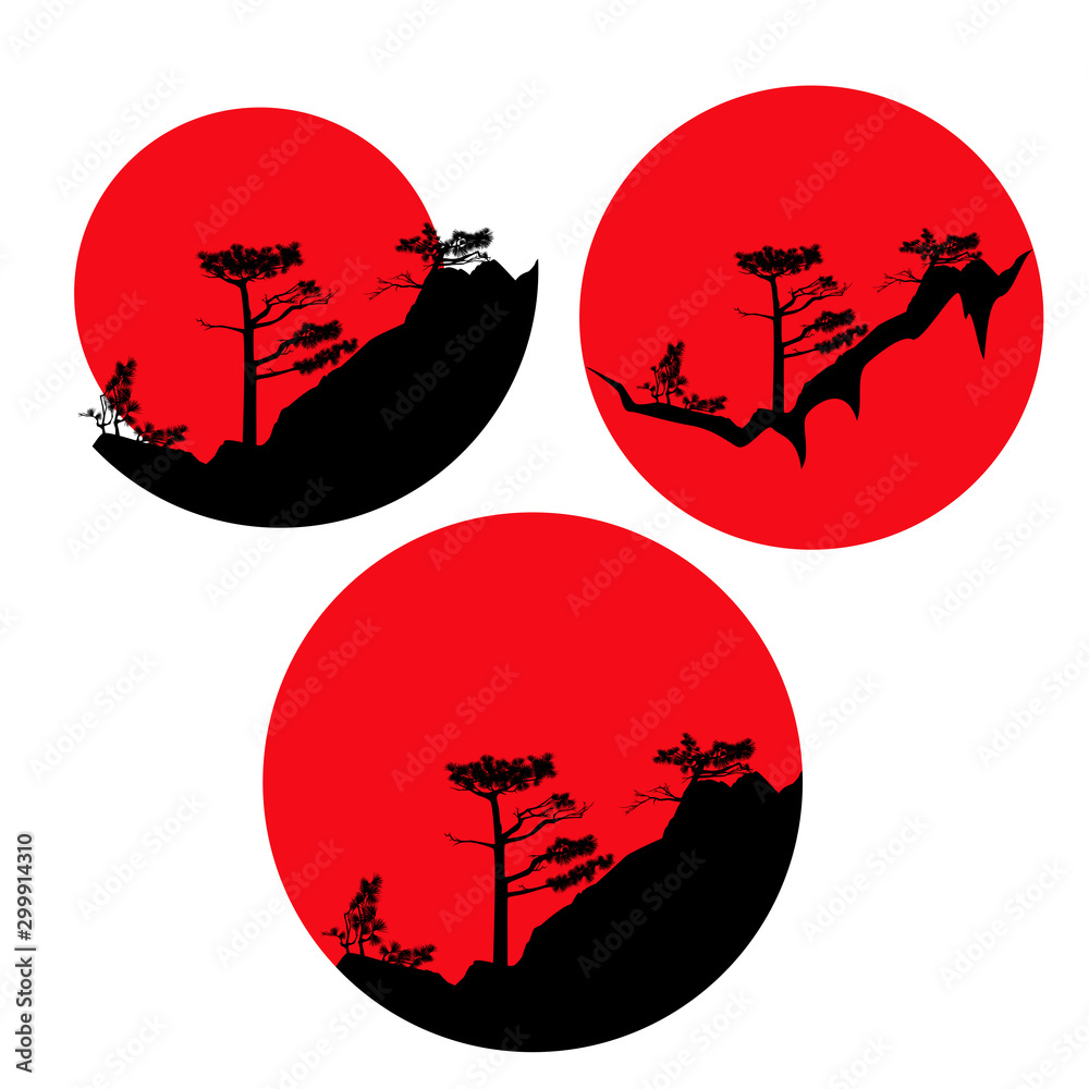 pine trees on mountain range and red sun - traditional japanese nature vector silhouette design set
