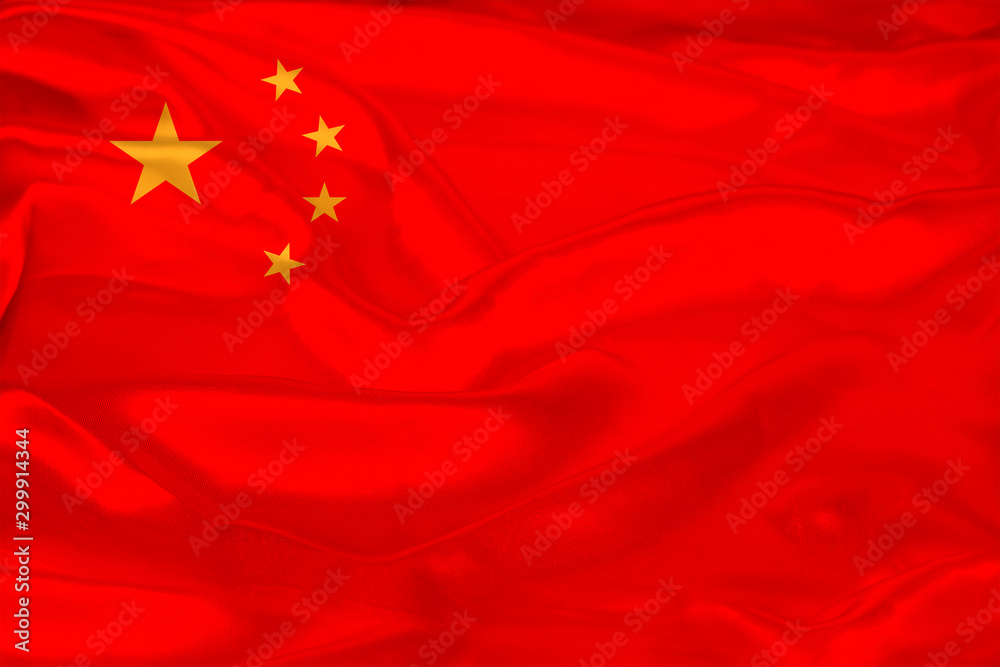 photo of the beautiful colored national flag of the modern state of China on textural fabric, concept of tourism, economics and politics, closeup, economy and state policy