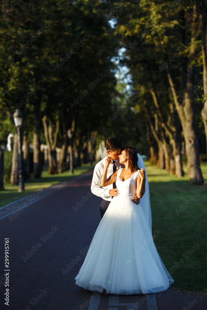 Young wedding couple enjoying romantic moments. A stylish bridegroom in a black suit gently embraces a beautiful bride in a white dress. Relationship love concept. Together. Young family. Marriage.  