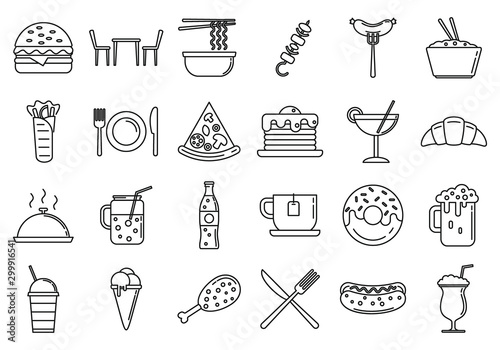 Festival food courts icons set. Outline set of festival food courts vector icons for web design isolated on white background