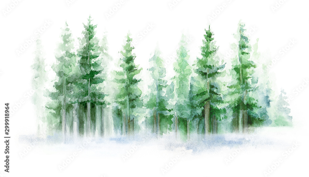 Green landscape of foggy forest, winter hill. Wild nature, frozen, misty, taiga. Winter watercolor background - obrazy, fototapety, plakaty 