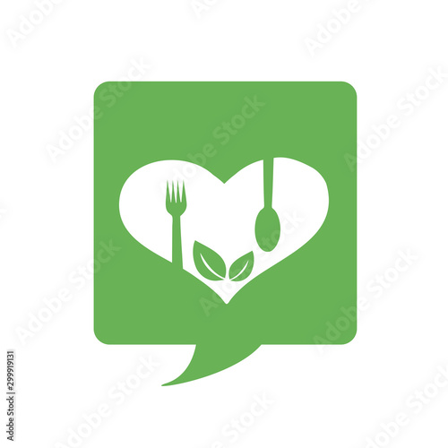 Love for vegan food- logo with organic leaves and speech bubble for organic Vegetarian friendly diet photo