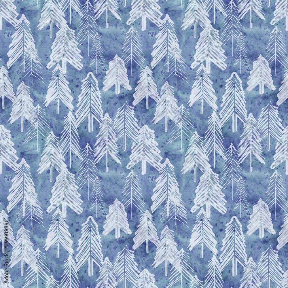 Seamless pattern with fir trees. Watercolor background.