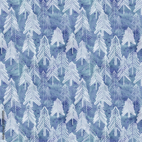 Seamless pattern with fir trees. Watercolor background.