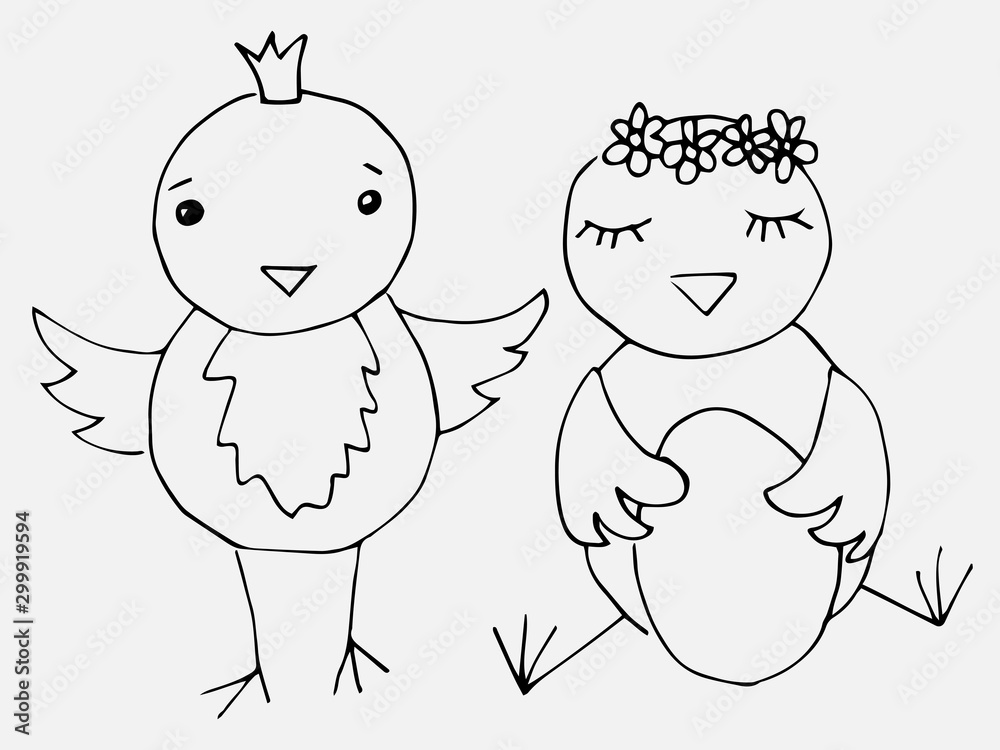 Easter chicks, doodle style, line art. Coloring page for kids, illustration books and greeting card. Easter chicks, doodle style, line art. Coloring page for kids, illustration books and greeting card.