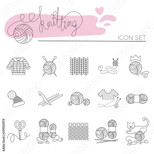 Knitting and crochet line icon set. Knitting needle, hook, hat, sweater, pattern, wool skeins, scissors and cat. Linear signs vector set and logos for yarn or tailor hand made store. photo