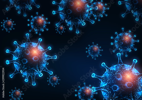 Futuristic glowing low polygonal hiv, influenza or rotavirus cells on dark blue background.