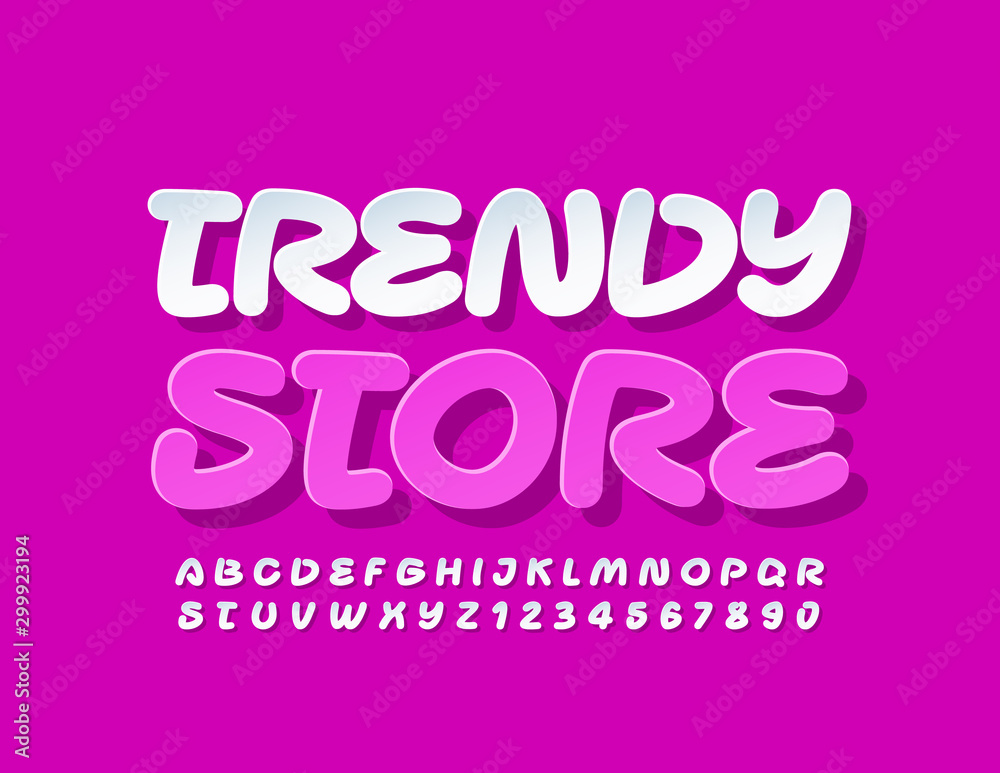 Vector bright logo Trendy Store. Creative white Font. Handwritten Alphabet Letters and Numbers