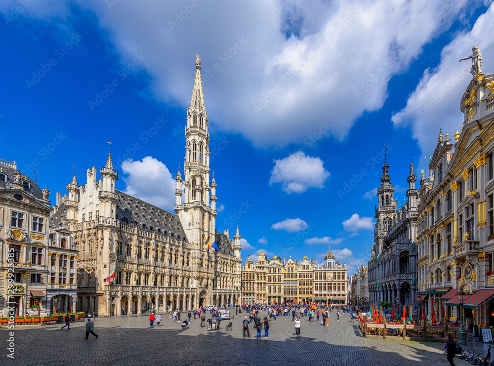 Grand Place (Grote Markt) with Town Hall (Hotel de Ville) and Maison du Roi (King's House or Breadhouse) in Brussels, Belgium. Grand Place is important tourist destination in Brussels.