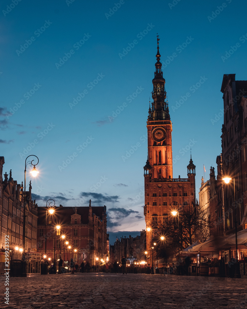 Long market street in Gdansk downtown at night, Polish old architecture.