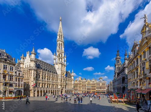 Grand Place (Grote Markt) with Town Hall (Hotel de Ville) and Maison du Roi (King's House or Breadhouse) in Brussels, Belgium. Grand Place is important tourist destination in Brussels. photo