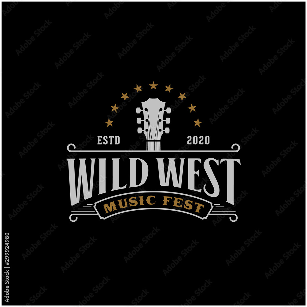 Country Guitar Music Western Vintage Retro Saloon Bar Cowboy logo design - obrazy, fototapety, plakaty 