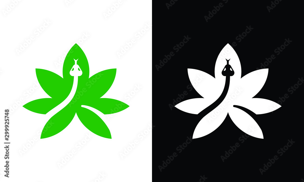 Cannabis with Negative Space Snake. Abstract Sign, Emblem, Icon or Logo Template. Modern Minimalist Medical Symbol. Cannabis with Negative Space Snake. Abstract Sign, Emblem, Icon or Logo Template. Modern Minimalist Medical Symbol.
