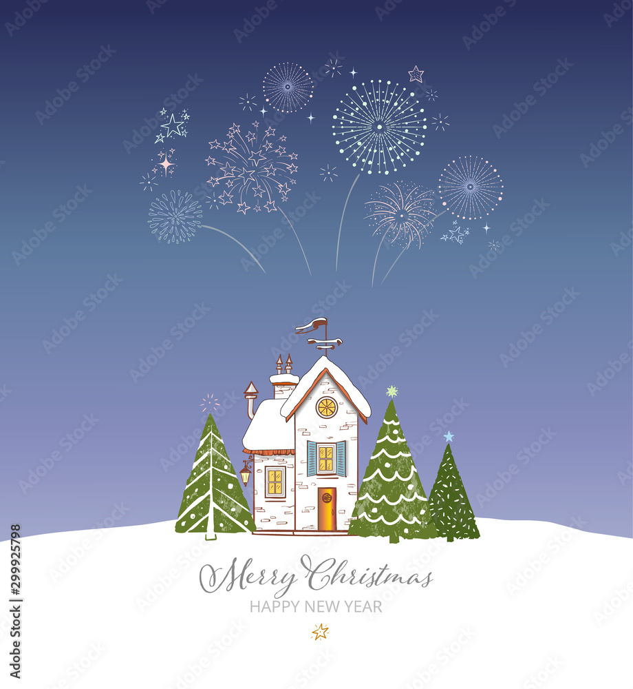 Small snow covered house, christmas trees and firework in blue night sky. Greeting christmas and new year card.