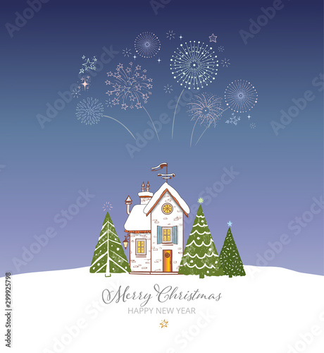 Small snow covered house, christmas trees and firework in blue night sky. Greeting christmas and new year card.