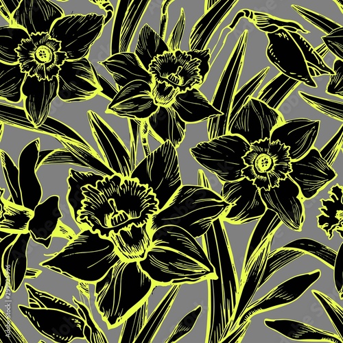 Grey fantasy floral seamless pattern with black hand drawn leaf and flowers Narcissus, Daffodil. Botanical manual graphic for textile floristic design.