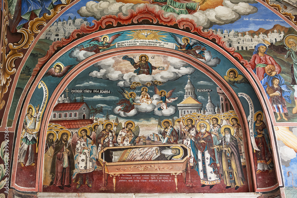 Religious frescoes on the treatises from the Bible, painted on the church wall in Rila Monastery, Bulgaria