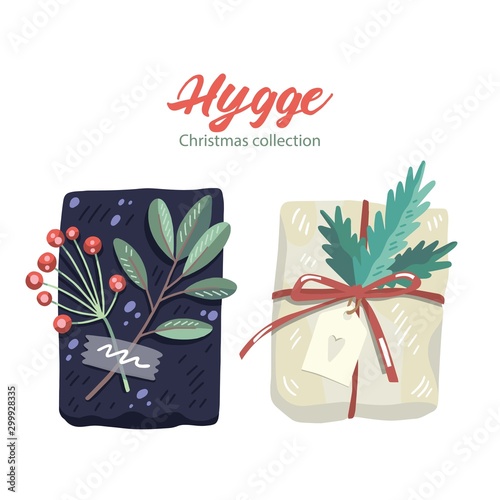 Vector illustrations of christmas gifts, decorated with plants, berries, ribbons and recycled wrapping paper. Hygge vintage style. Pastel colors. 