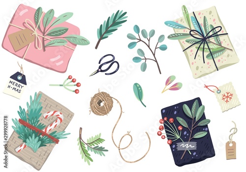 Vector illustrations, set of christmas gifts, decorated with plants, ribbons and recycled wrapping paper.  Scissors, leaves, branches, labels, twine rope. Pastel colors. Cute handdrawn flat style. 