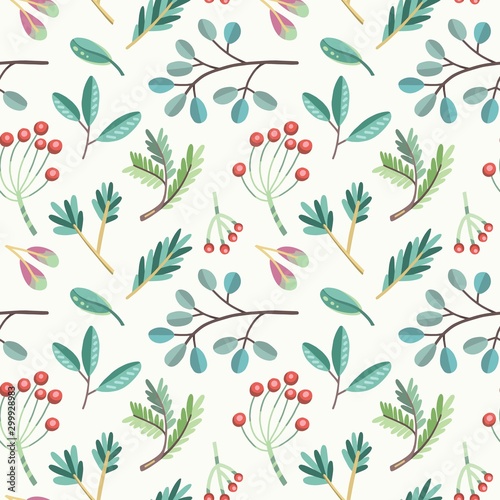 Seamless vector pattern with plants  leaves  berries  branches. Autumn floral design. For greeting cards  wrapping paper   design  prints  stickers. Cute flat handdrawn style. 