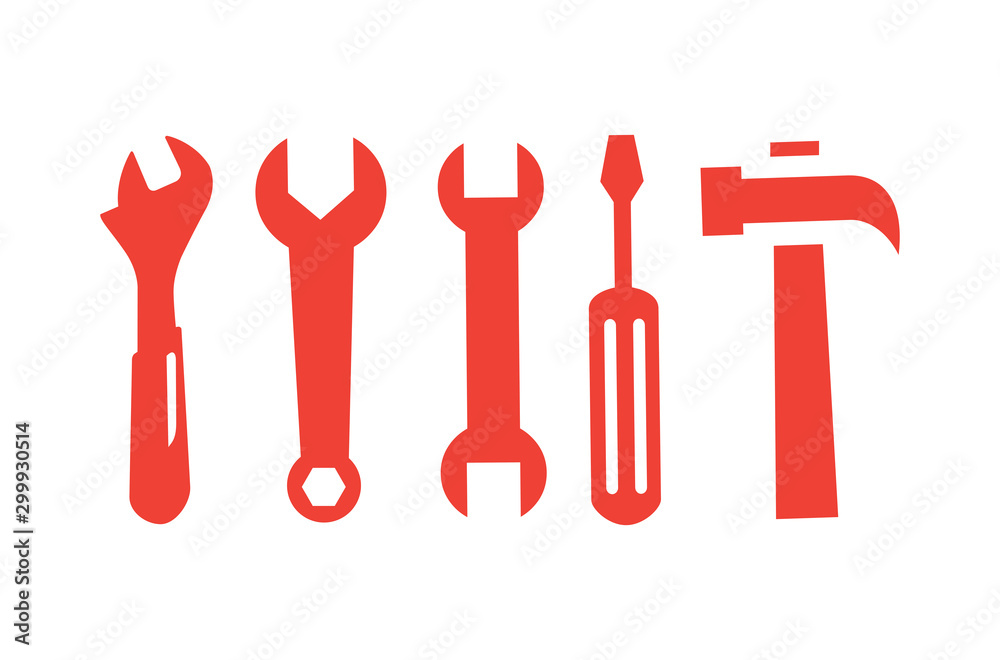 Wrench Spanner Screwdriver And Hammer Line Red Icon On White Background. Red Flat Style Vector. Wrench Spanner Screwdriver And Hammer Line Red Icon On White Background. Red Flat Style Vector.