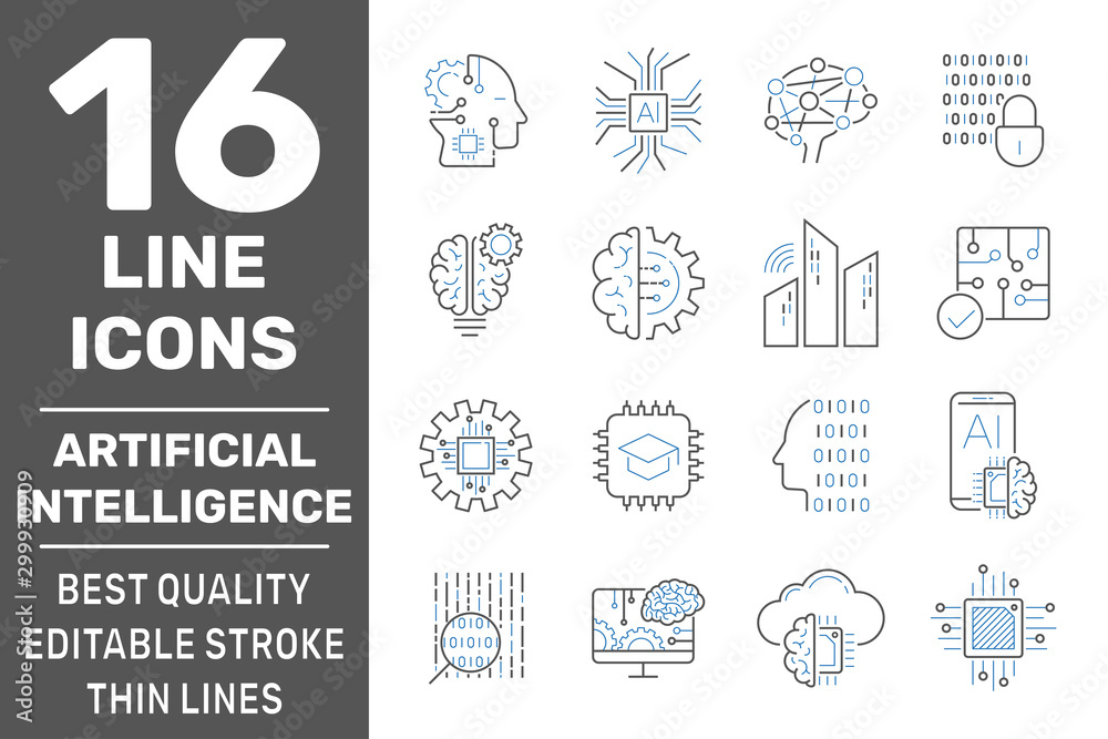 Artificial intelligence line icons. Set of brain, robot, ai, head, technology and more. Editable stroke. EPS 10