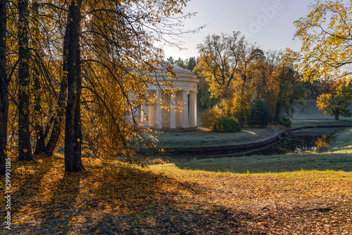 The Temple of Friendship in Pavlovsk Park frosty autumn morning. Pavlovsk, Saint Petersburg, Russia