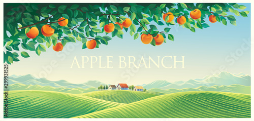 Rural landscape with mountains and hills as well as with a branch of an apple tree in the foreground.