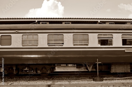 Side view of old vintage bogie of diesel electric locomotive train on railroad track, Take picture from the platform.