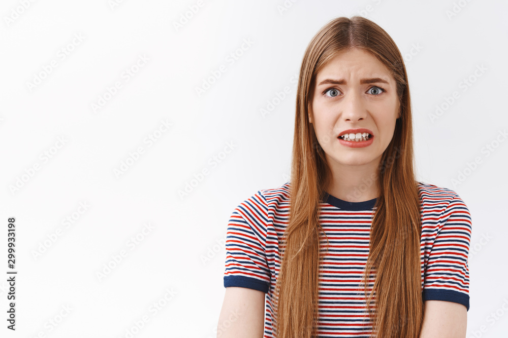 Girl Feeling Scared Of Consequences Look Embarrassed And Nervous Cringe Face And Clench Teeth 