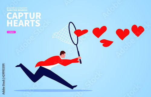 Businessman uses butterfly net to catch heart shaped flying in the air