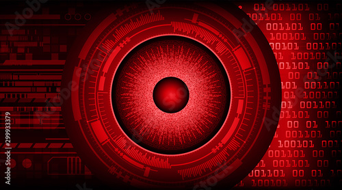 binary circuit board future technology, red eye cyber security concept background, abstract hi speed digital internet.