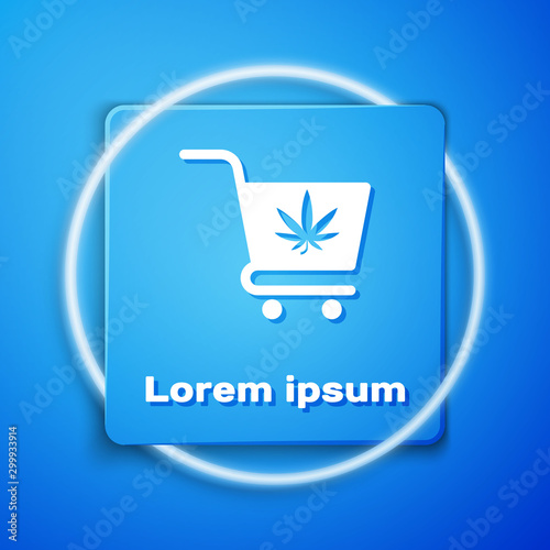 White Shopping cart with marijuana or cannabis leaf icon isolated on blue background. Online buying. Delivery service. Supermarket basket. Blue square button. Vector Illustration
