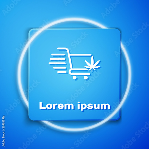 White Shopping cart with marijuana or cannabis leaf icon isolated on blue background. Online buying. Delivery service. Supermarket basket. Blue square button. Vector Illustration