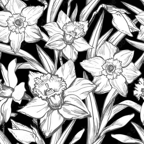 Monochrome botanical seamless pattern with white hand drawn silhouettes and contours of leafs and flowers Narcissus, Daffodil. Botanical manual graphic for textile floristic design fabric, package.