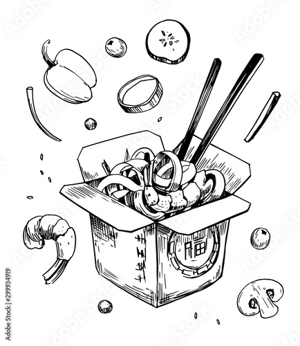 Asian fast food. Wok. Chiness noodless in the box. Hand drawn illustration converted to vector. Isolated on white background