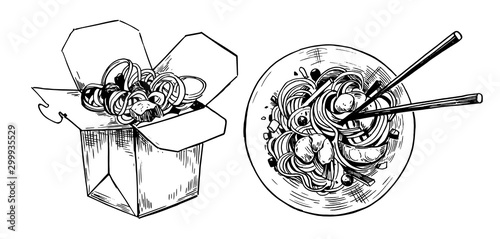 Asian fast food. Wok. Chiness noodless in the box. Hand drawn illustration converted to vector. Isolated on white background