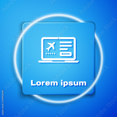 White Laptop with electronic boarding pass airline ticket icon isolated on blue background. Passenger plane mobile ticket for web and app. Blue square button. Vector Illustration