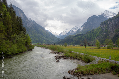 Beautiful scene of aare river and fresh meadow on cloudy sky and mountain background with copy space, Switzerland