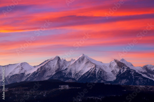Tatra Mountains in winter wiev from Zakopane Poland in sunrise