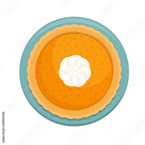 Flat lay of a Christmas pumpkin pie with whipped cream.