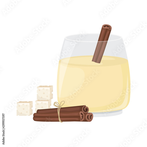 Christmas egg nog in a glass glass and cinnamon stick. Isolated vector illustration.