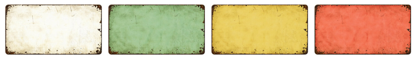 Four empty vintage tin signs on a white background
