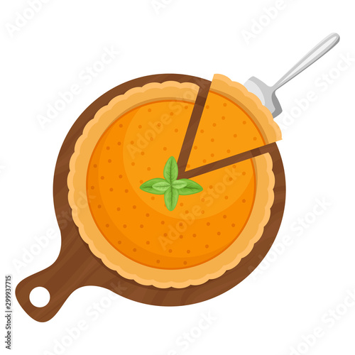 A piece of Christmas pumpkin pie on a wooden Board. Flat lay