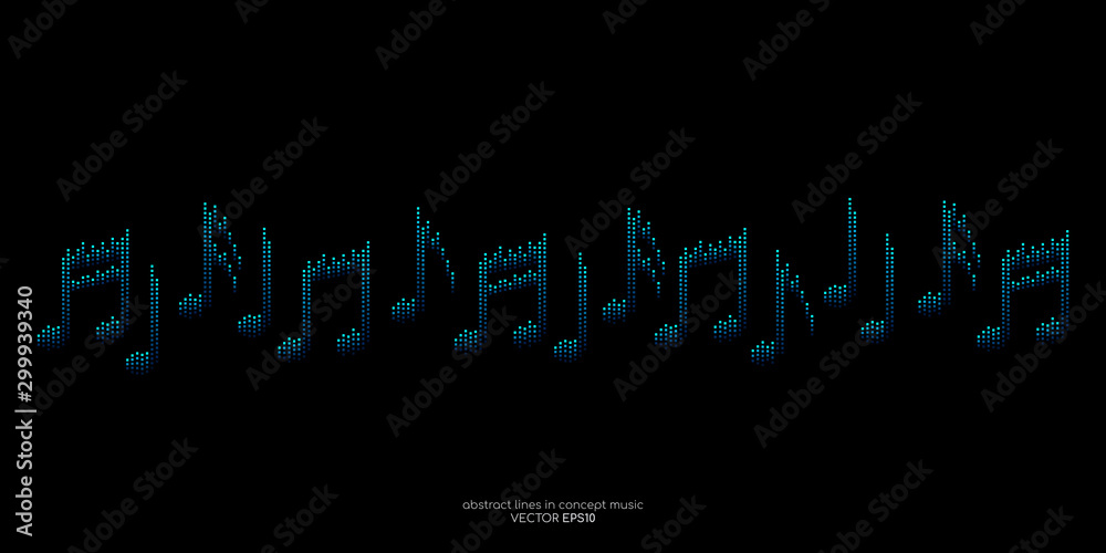 Music notes by equalizer lines wavy flowing in blue colors isolated on black background.