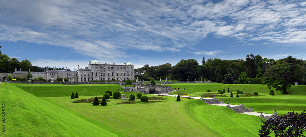 Enniskerry, County Wicklow, Ireland, panoramic view to Powerscourt Estate mansion grounds and gardens Enniskerry, County Wicklow, Ireland, panoramic view to Powerscourt Estate mansion grounds and gardens