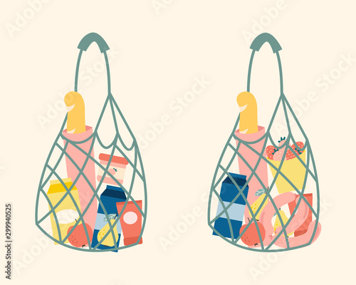 shopping bag with products from a supermarket, against plastic, vector illustration, string bag, net bag, or mesh bag, zero waste