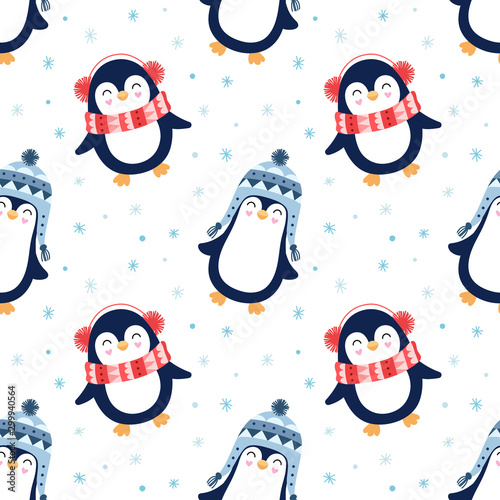 Seamless cute pattern, penguins, snow, snowflakes, winter. Penguin in knitted cap, scarf. Print for packaging, wallpaper, fabric, textile. Cartoon vector illustration for children.