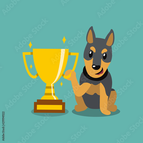 Vector cartoon character doberman dog holding gold trophy cup award for design.